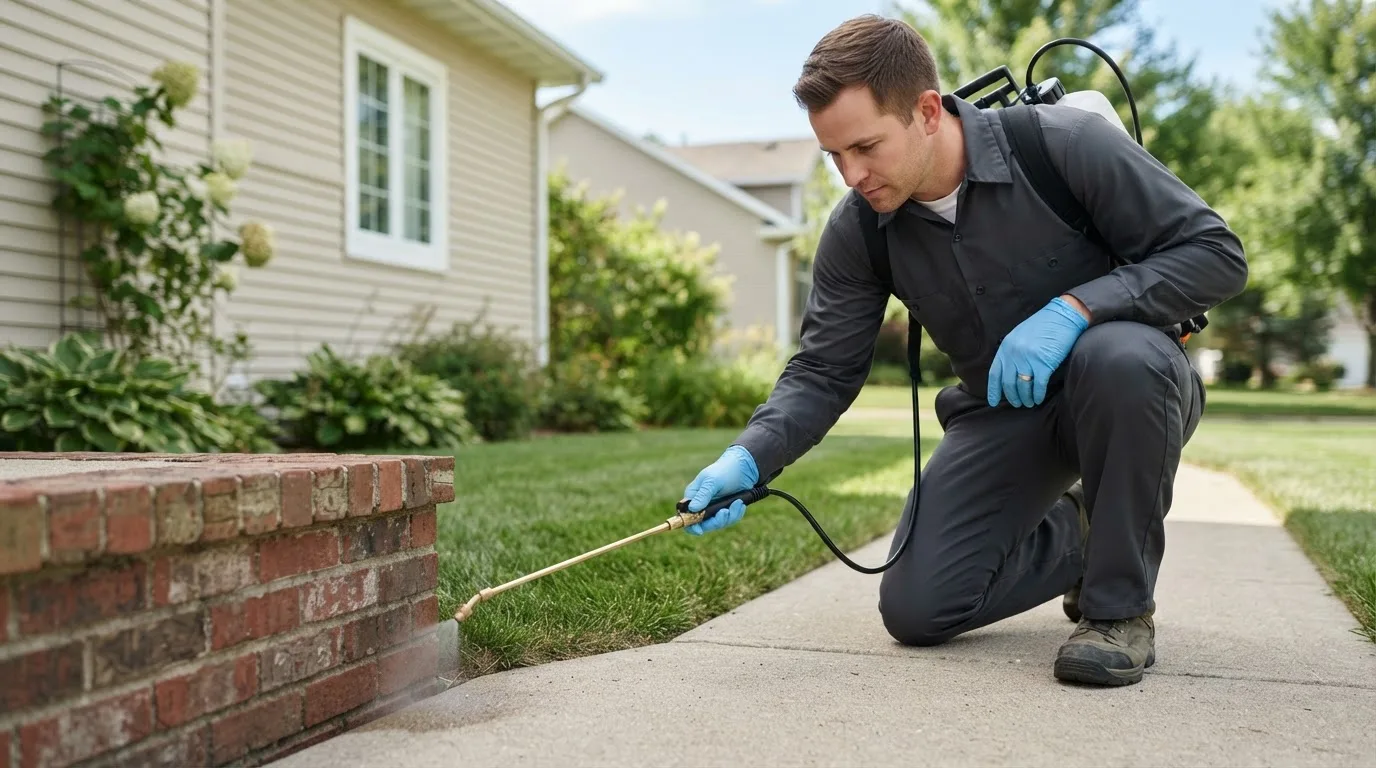 Pest control technician treating a home near Kopperl, TX